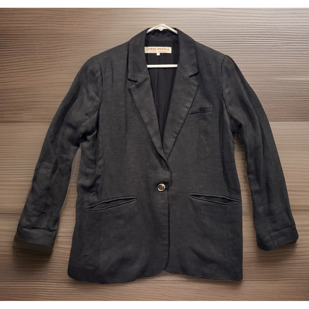 We The Free People Womens Linen Blend Blazer Jacket M Black Casual Unstructured